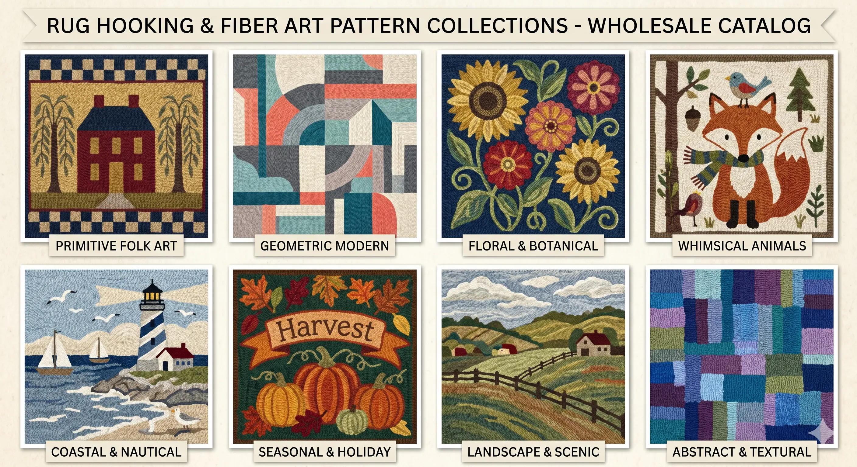 Rug hooking pattern collection showing folk art, geometric, floral, animal, coastal, seasonal, landscape and abstract designs